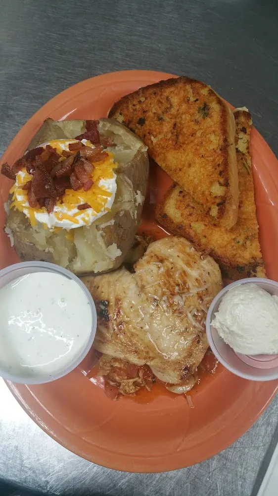 Chicken Breast Loaded Baked Potato and Garlic Bread